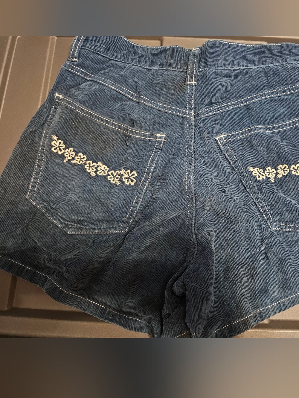 Y2K Vintage VENUS GIRL TRAP Blue Corduroy Shorts with Cream Floral Embroidery